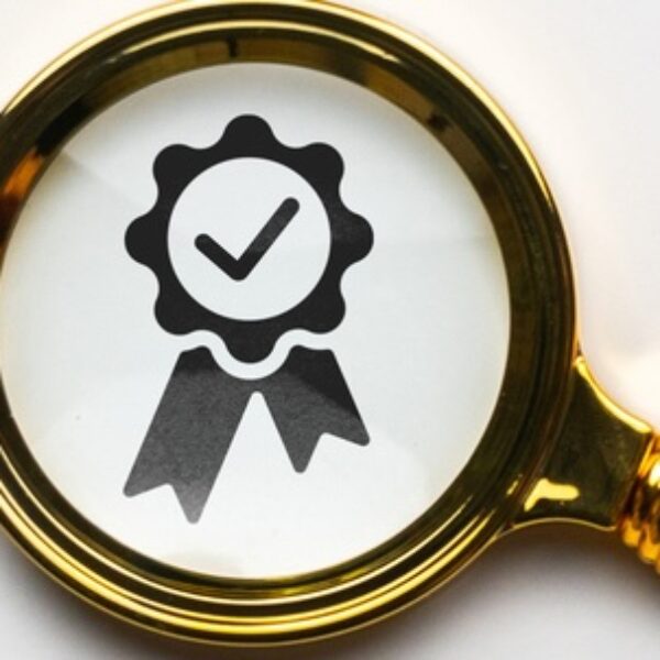 A series of icons surrounded by hexagons, the last showing a prize ribbon with a check mark through a magnifying glass.