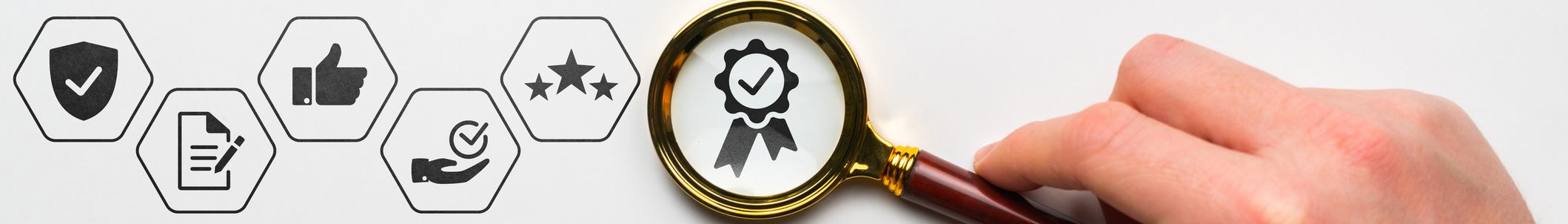 A series of icons surrounded by hexagons, the last showing a prize ribbon with a check mark through a magnifying glass.