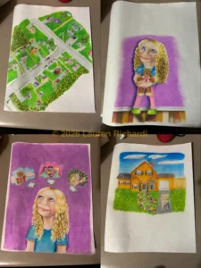 Four sketches from Lauren Richardi's sketchbook showing the neighborhood and characters from a children's book she's developing.