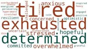 Word cloud of leaders' feelings. Tired, exhausted, and determined dominate these responses.